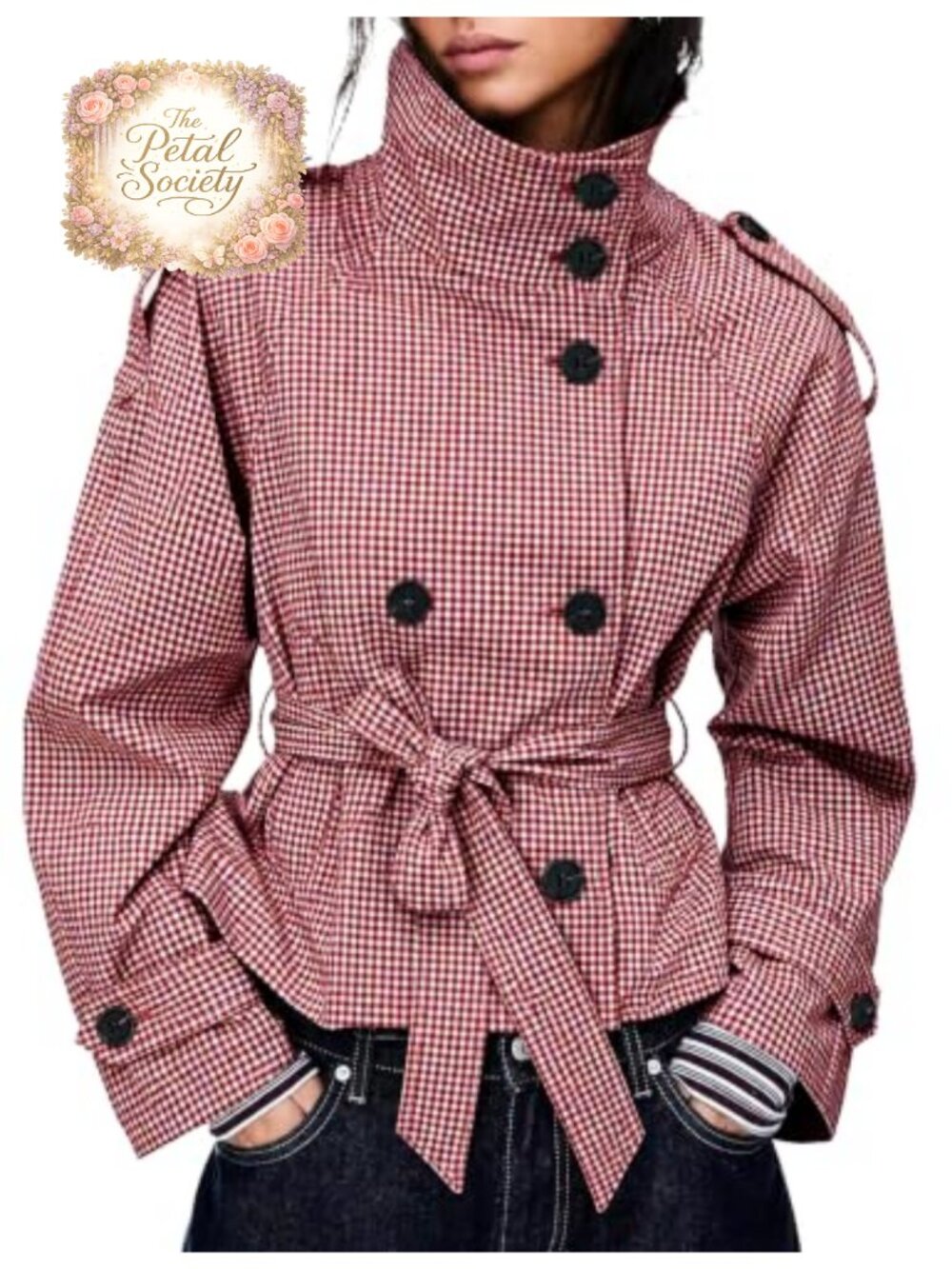 Gingham Trench Coat Double Breasted Short Belted Jacket